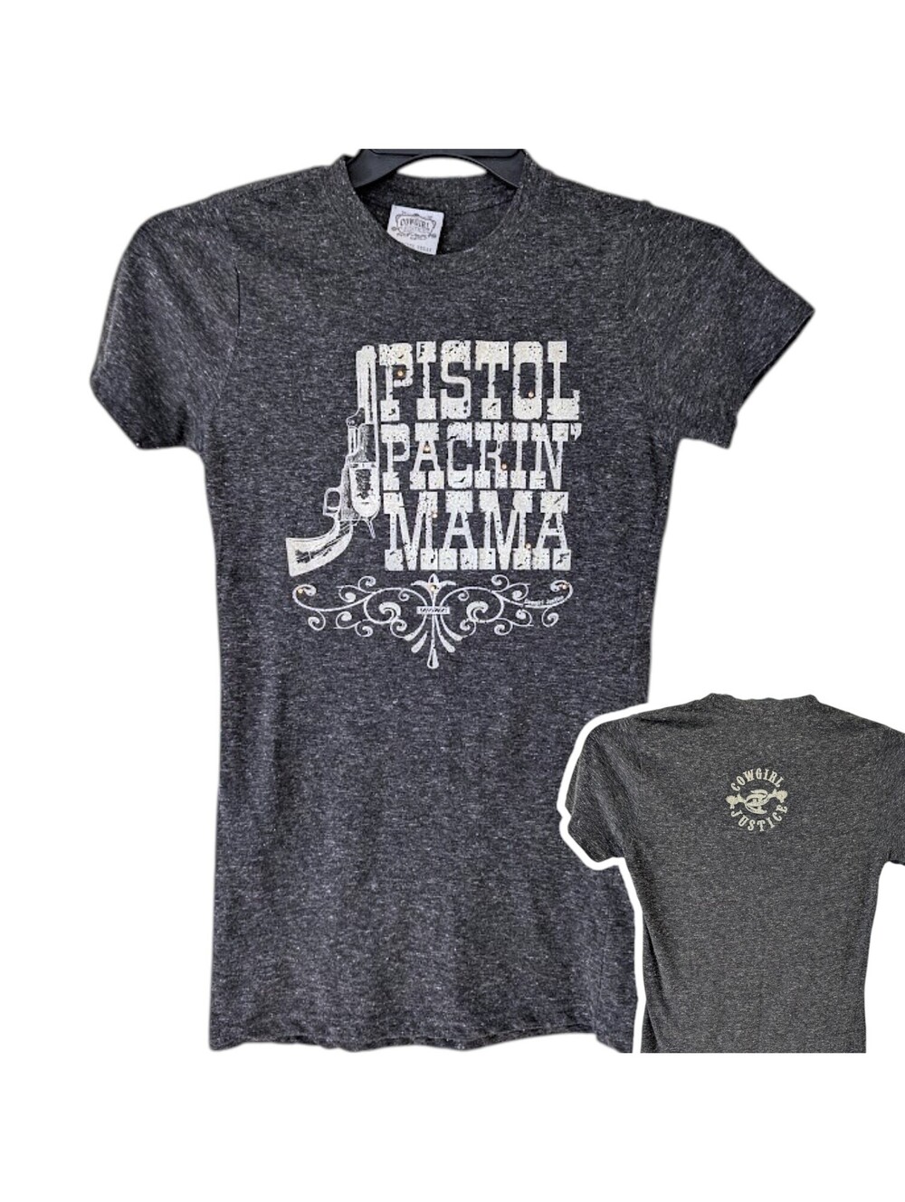 Cowgirl Justice Pistol Packin Mama Graphic T-Shirt Wms M Gray Linen Blend 15x27